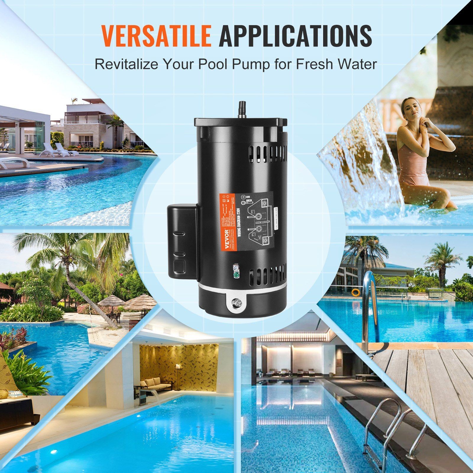 Pool Pump Motor 2HP, 56Y Frame, 230V, 3450RPM, Low-Noise 70dB, Steel Housing