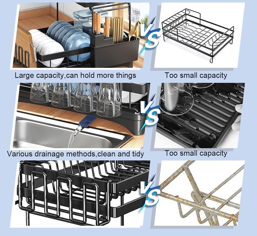 2 Level Over Sink Drying Rack Dish Drainer with Cutlery Holder Stainless Steel