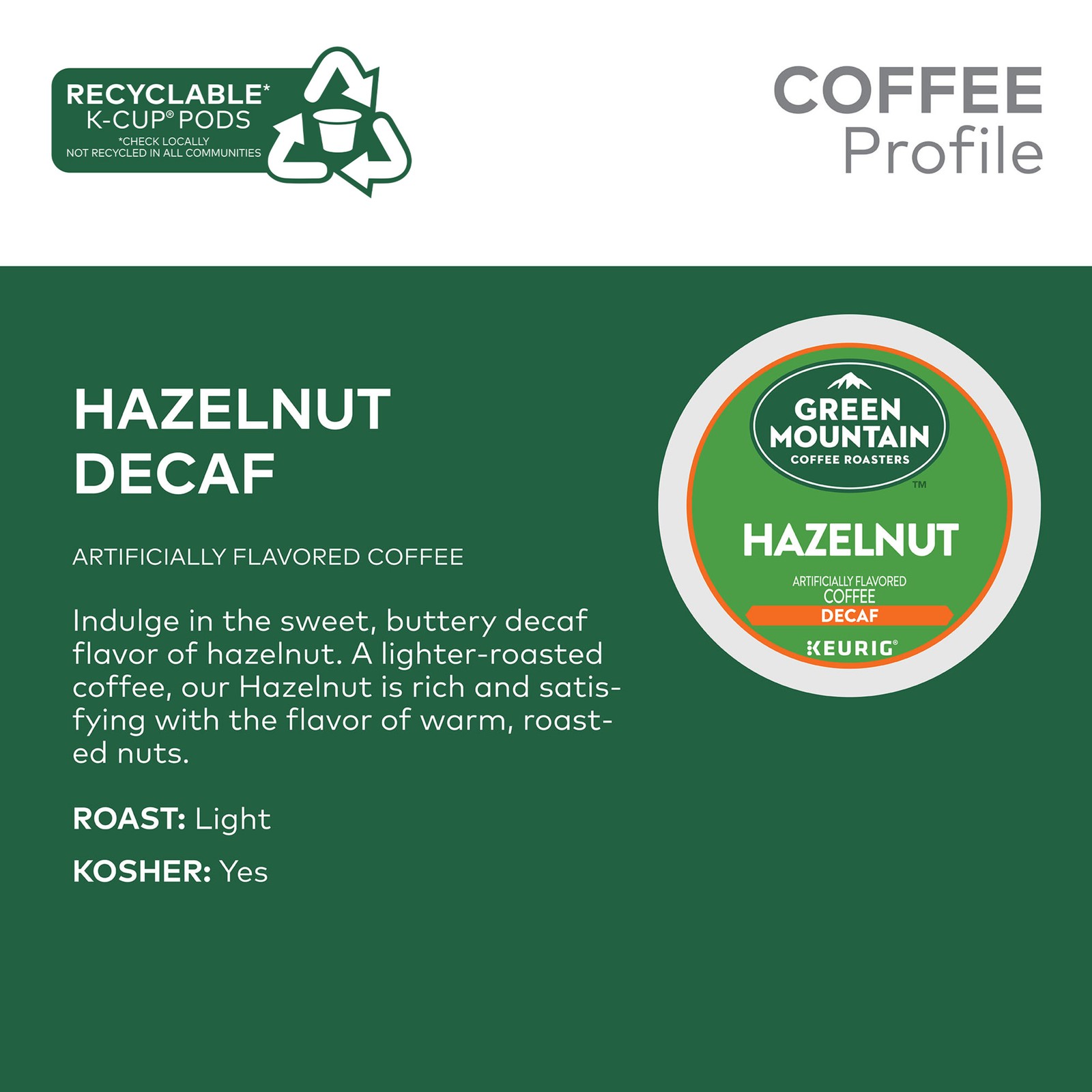 Green Mountain Coffee Hazelnut Decaf Coffee, K-Cup pods, Light Roast, 24 Count