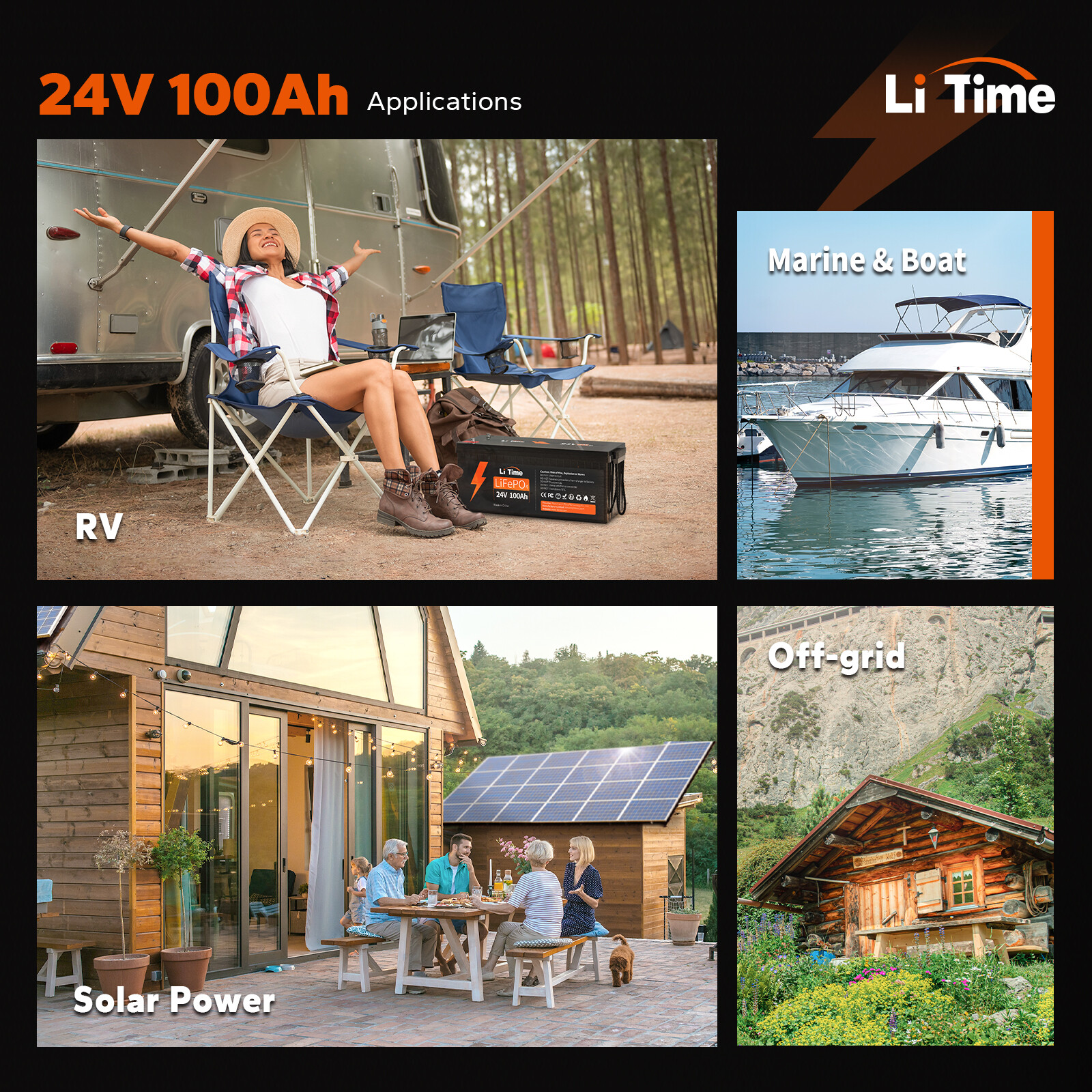 Litime 24V 100Ah LiFePO4 Lithium Battery 2.56kWh for RV Off-grid Solar Marine