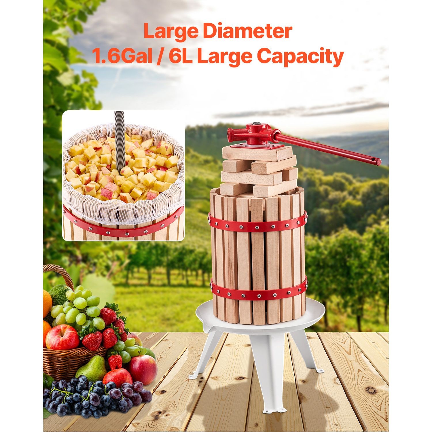 1.6 Gal Fruit Wine Press, Solid Wood Basket, Manual Juice Maker for Cider Apple