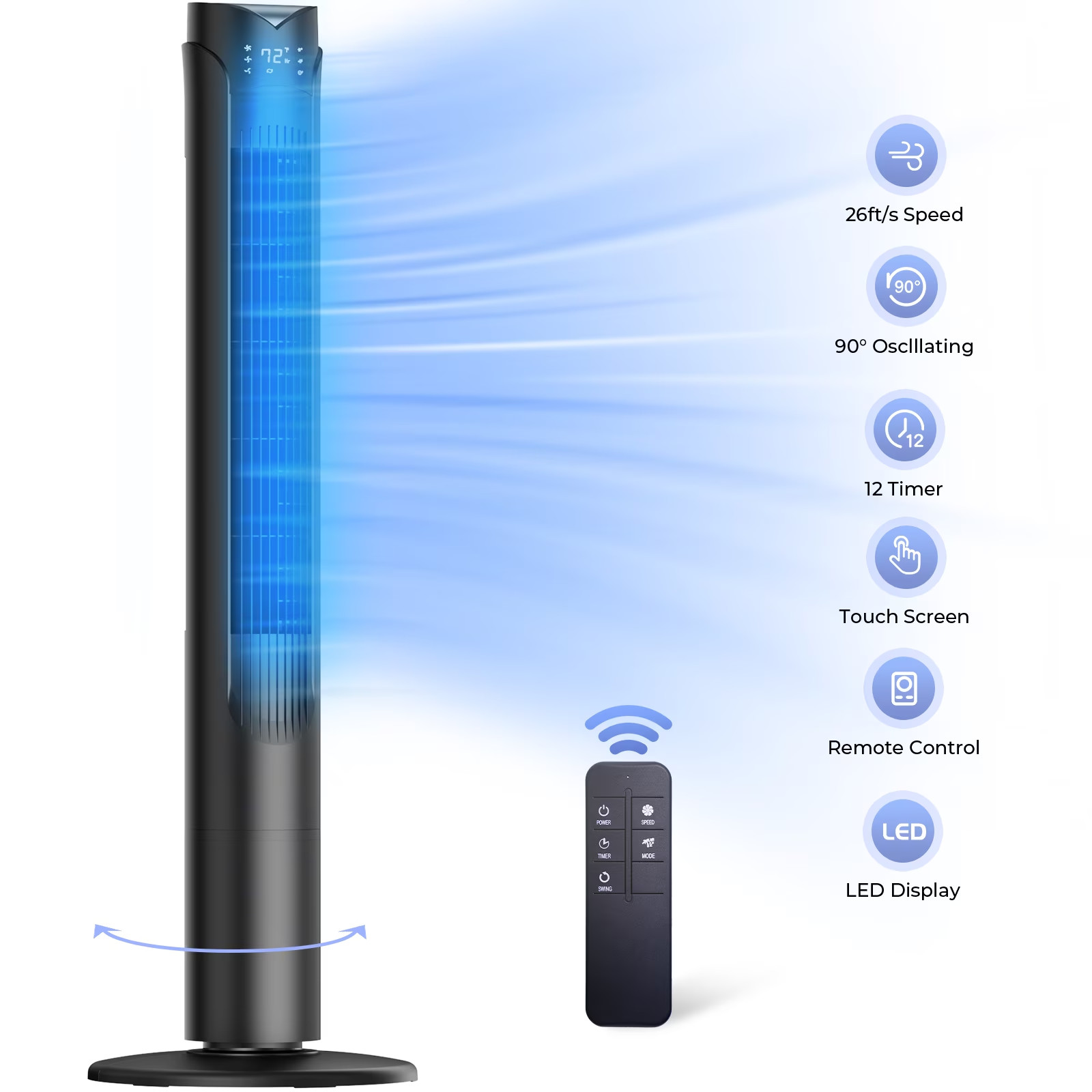 41″ Tower Fan Wide Oscillating Quiet Standing Floor Fan w/ Remote Control 3 Mode