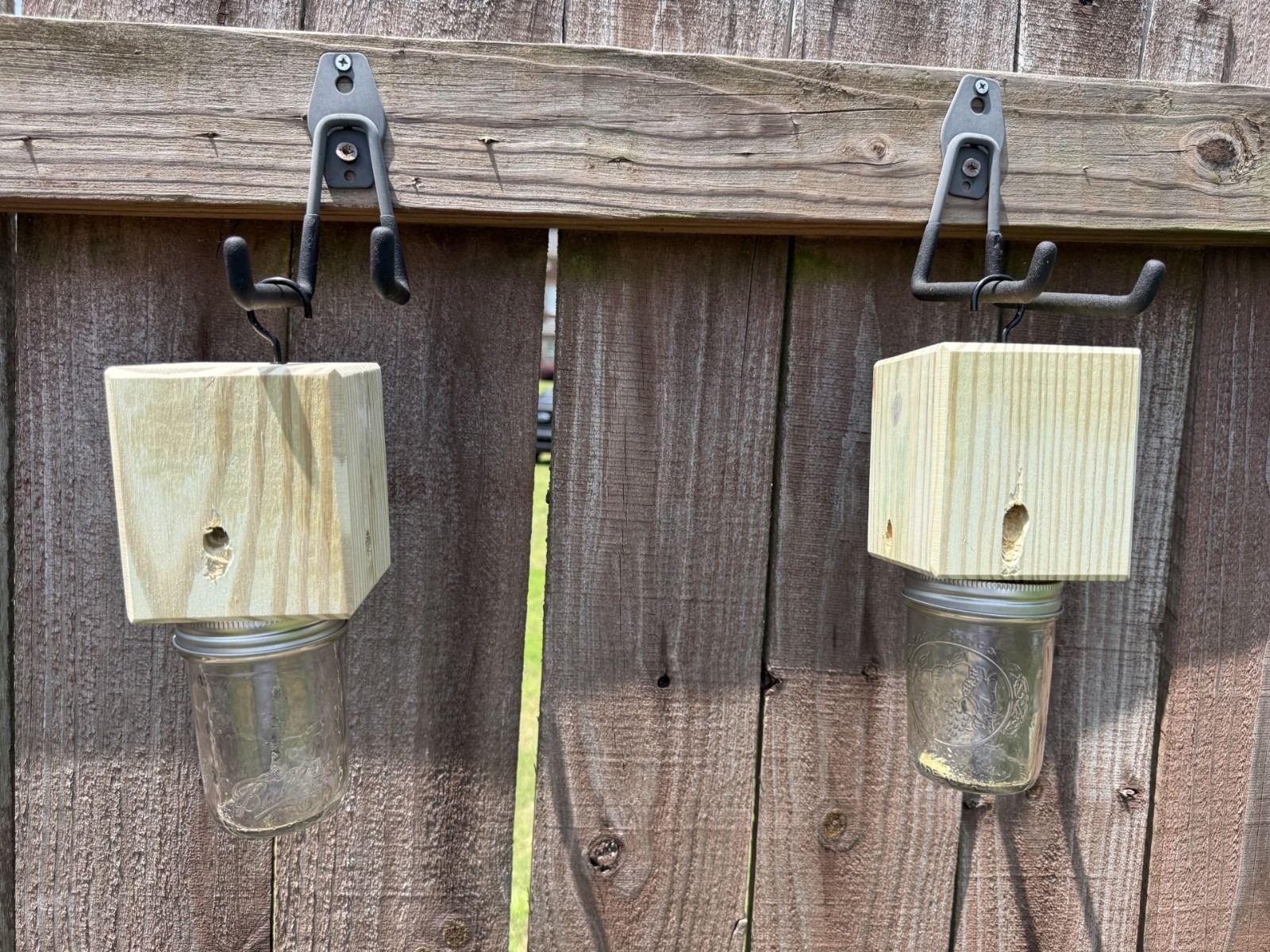 Set Of 2 Handmade Soft Pine Carpenter Bee Traps W/ Jars & Hooks- Free Shipping!