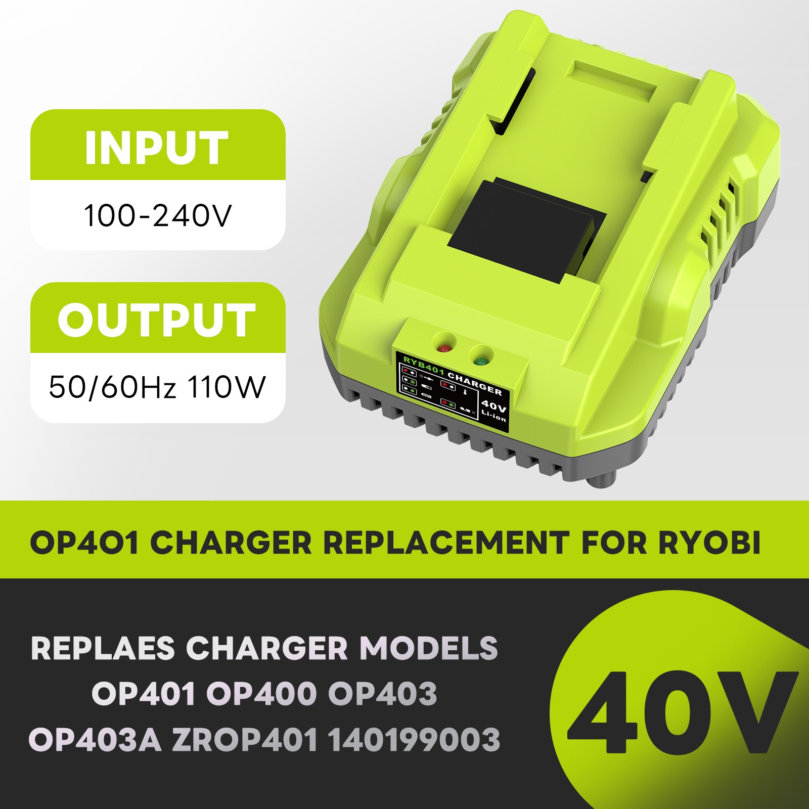 Fast Charger OP401 for Ryobi 40V Battery Charger OP4040 OP4050 OP4050A OP40601