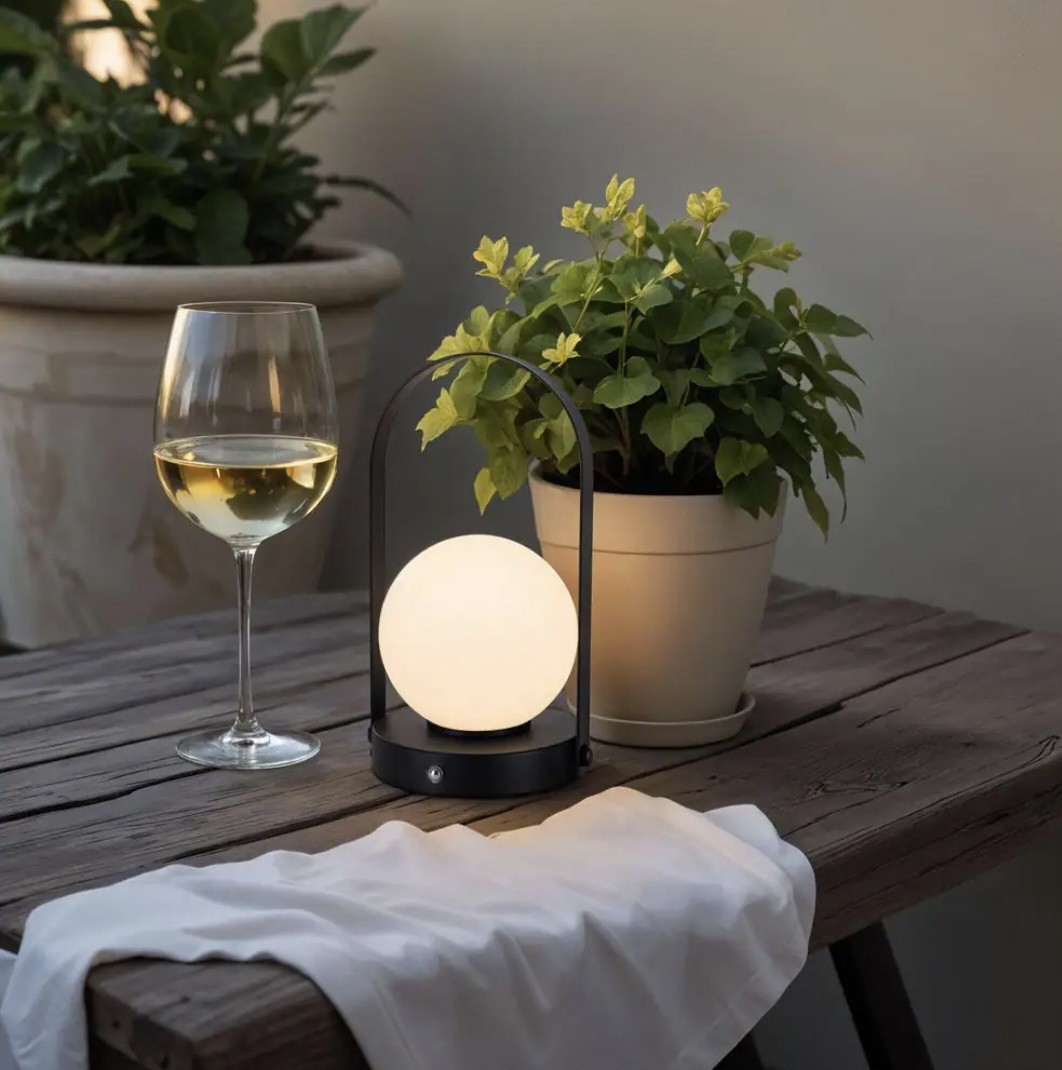 9.8 In. Black Contemporary Rechargeable 3CCT Integrated LED Globe Lamp with Hand