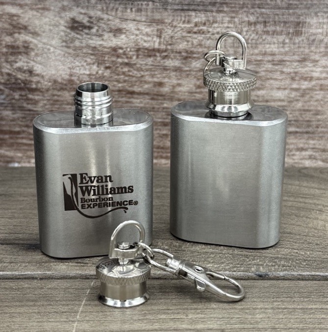 Two Mini Evan Williams Stainless Steel Pocket Flask KeyChain 1oz Liquor New!