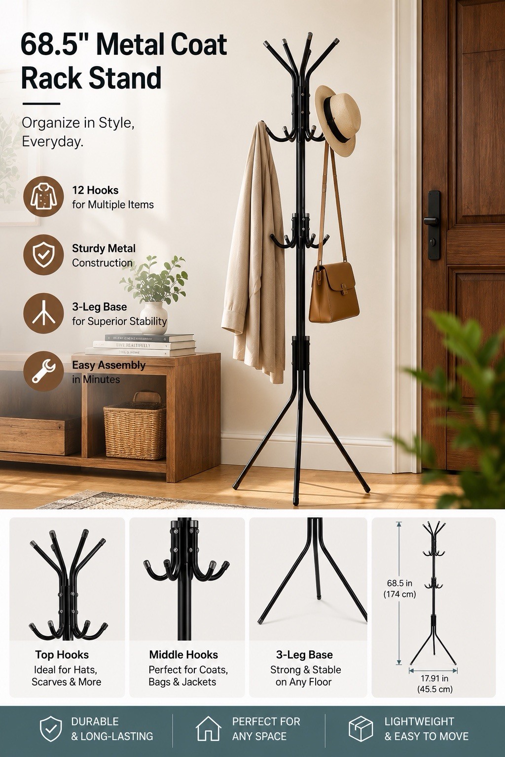 68.5” Metal Coat Rack Stand Hall Tree 12 Hooks Freestanding Entryway Hat Rack