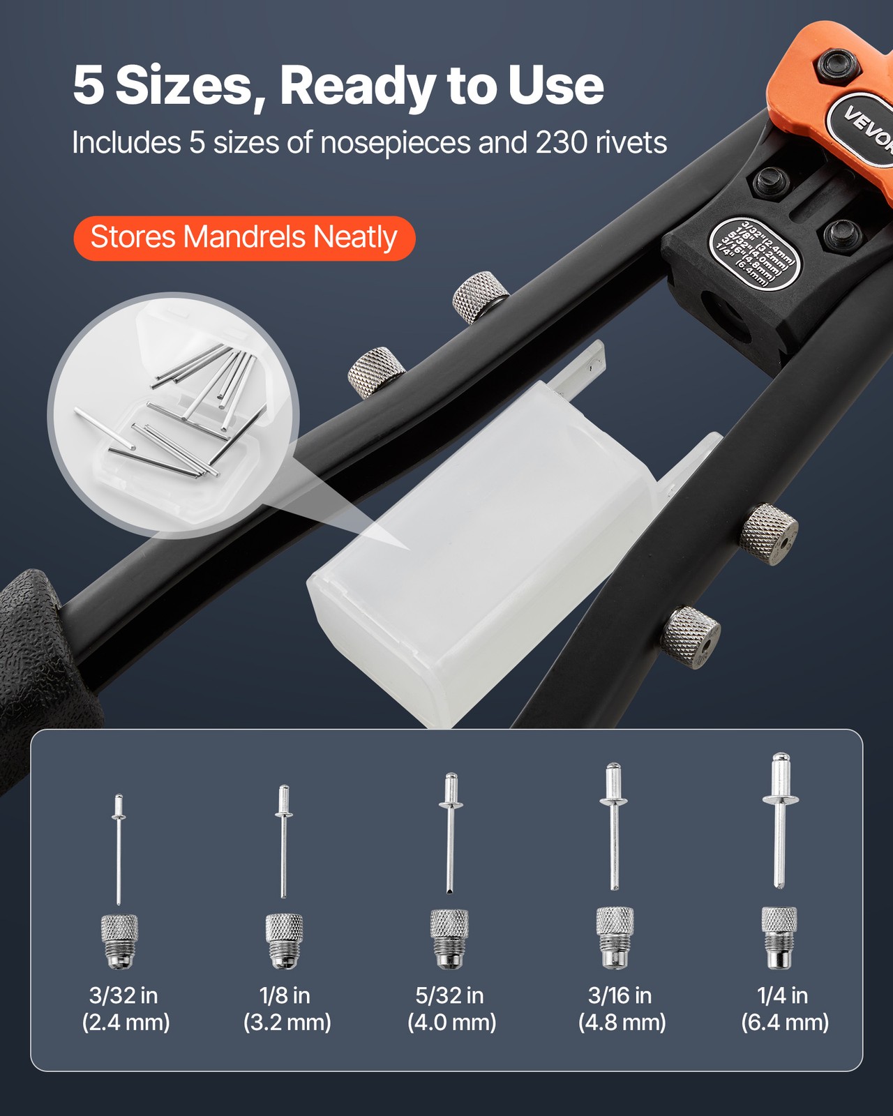 VEVOR Pop Rivet Gun Kit Single Hand Riveter with 230 Blind Rivets for Metal