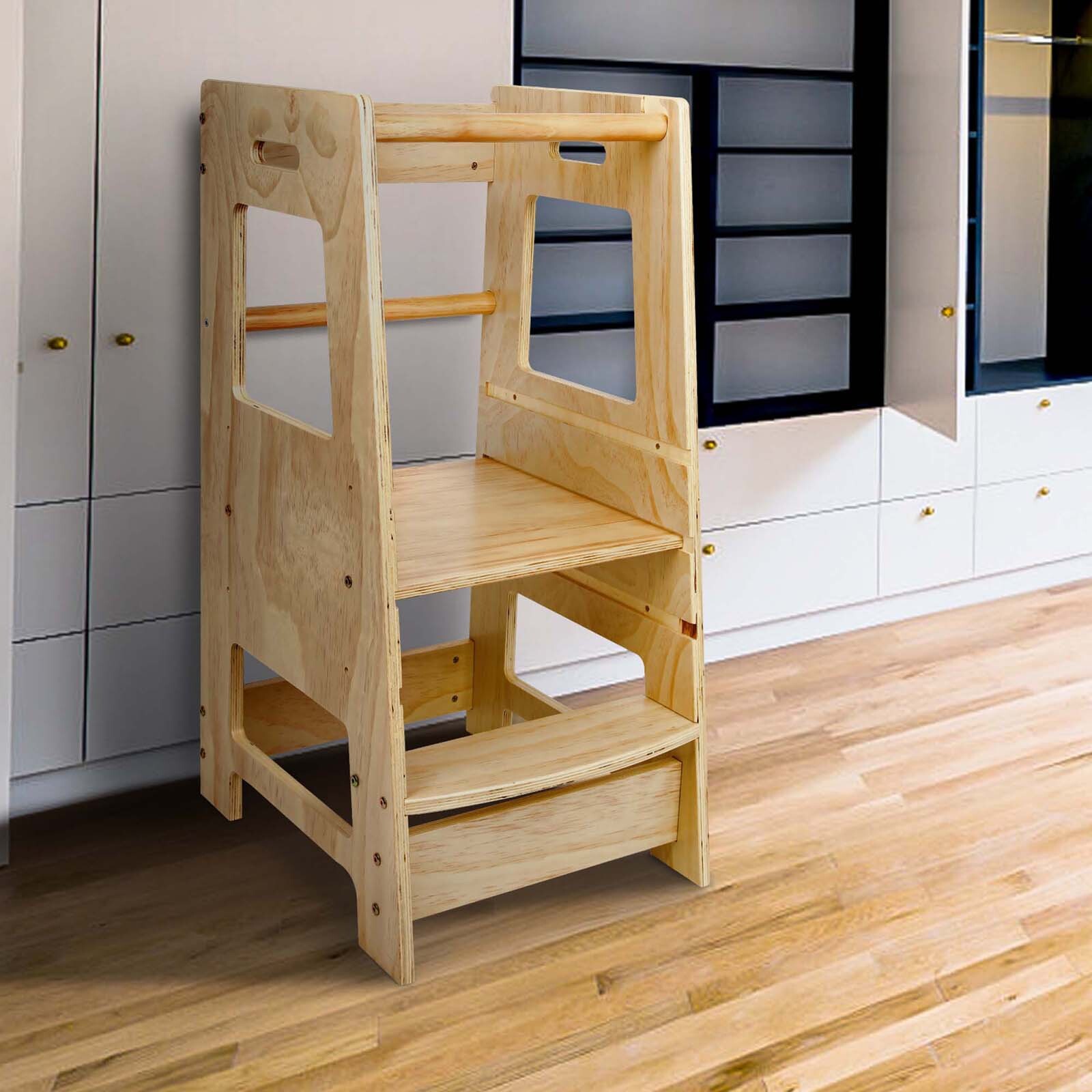 Kitchen Buddy Kids Step Ladder Stool Toddler Learning Tower Safety Bar Helper