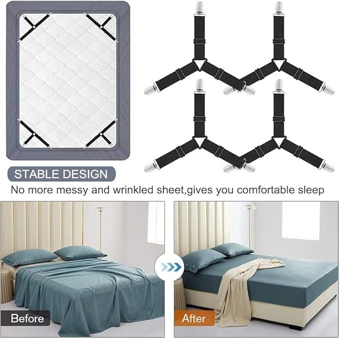 4Bed Sheet Fasteners Adjustable Elastic Suspenders Straps Mattress Covers Clips.