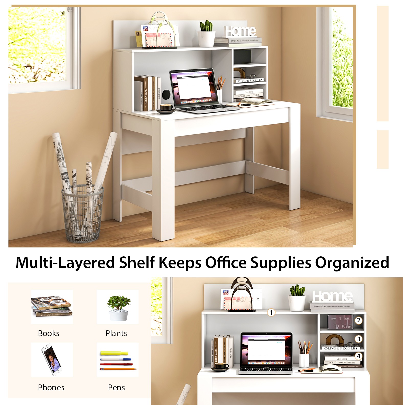 Home Office Computer Desk Study Table Writing Workstation Hutch Cable Hole White