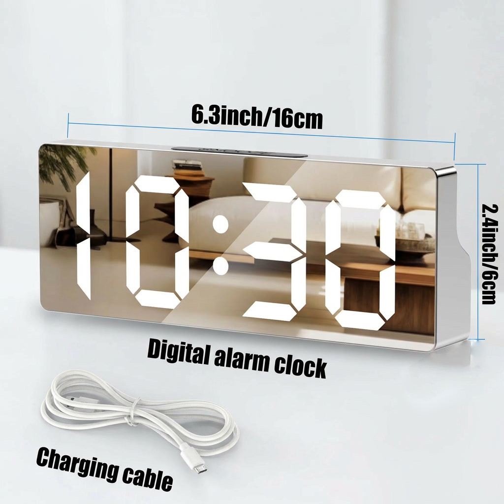 LED Mirror Alarm Clock with USB Charging Por Snooze Function for Bedroom Desk
