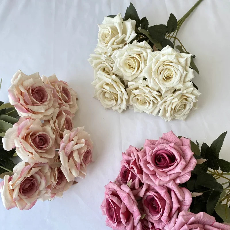 41CM 7 Forks Silk Screen Diamond Rose Artificial Flower Wedding Living Room