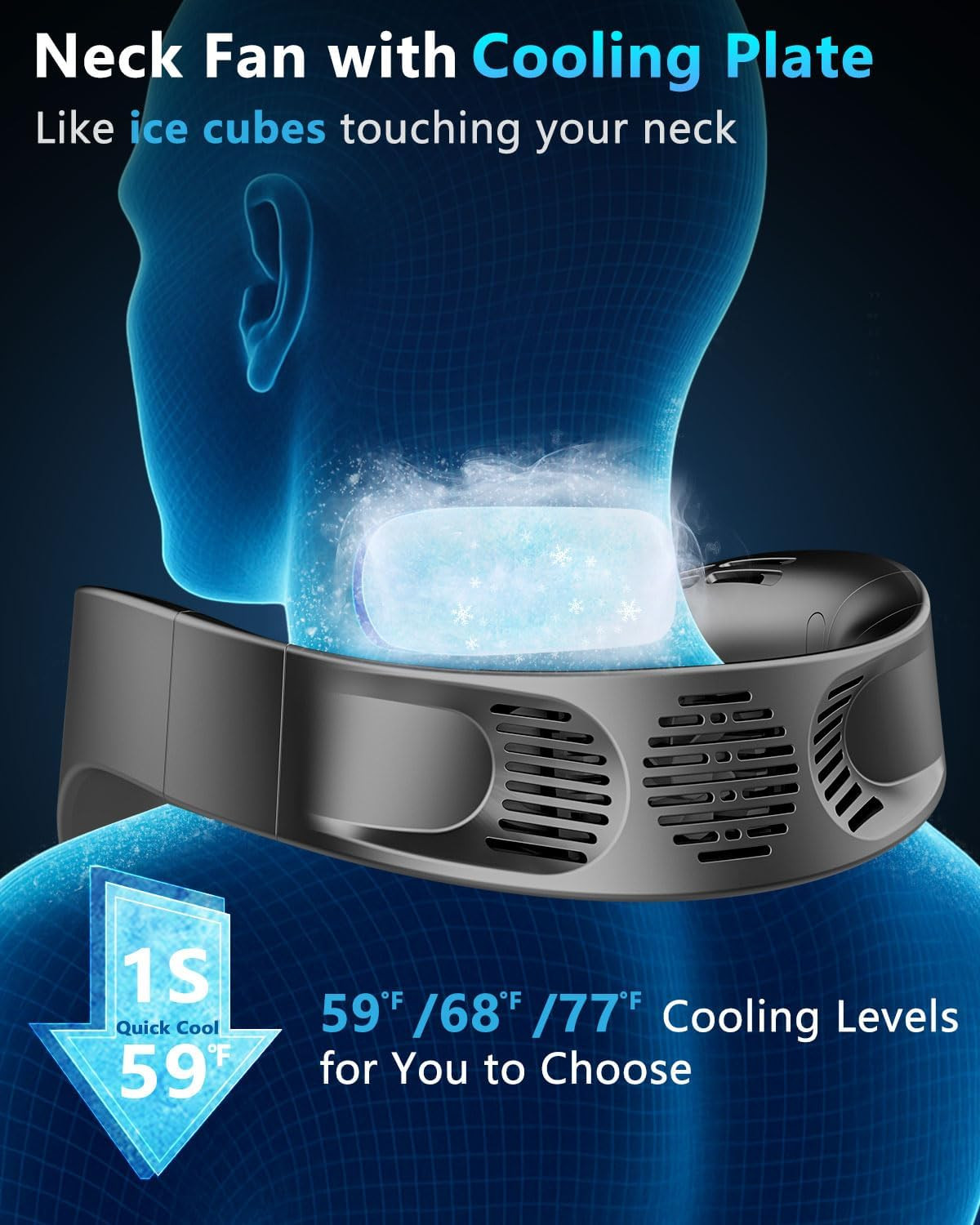 Neck Fan with Cooling Plate, Quiet 30Db, 3-24Hrs Cooling,5500Mah Battery,Led Dis