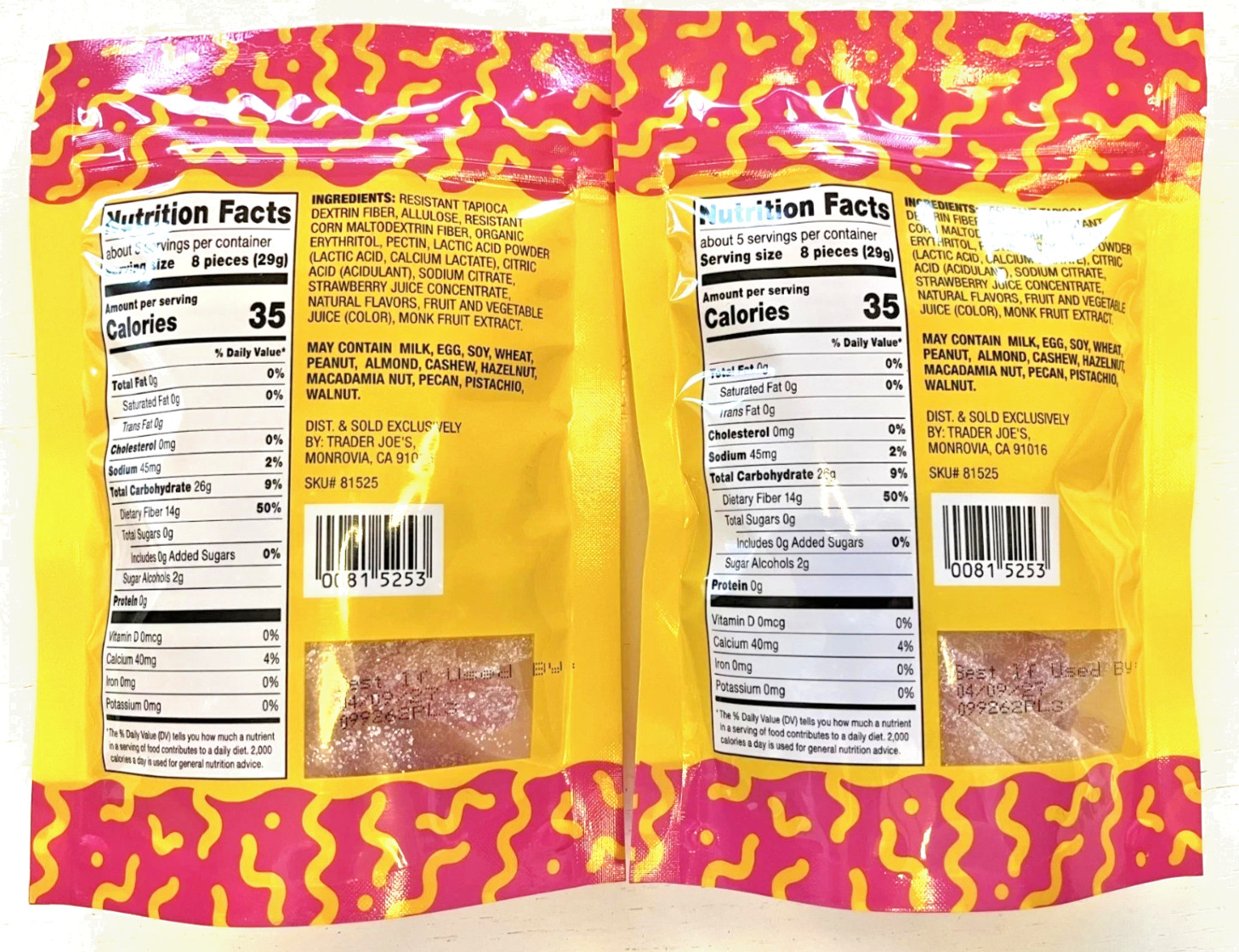 4 Pack Trader Joe’s Sweet & Sour Gummy Worms Candies 5 oz ea Gummies Zero Sugar