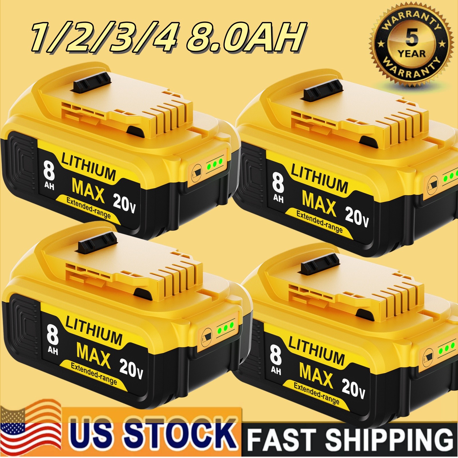 1~10PCS For DeWalt 20Volt Max 8000mAh LithiumIon Battery DCB200 DCB201-2