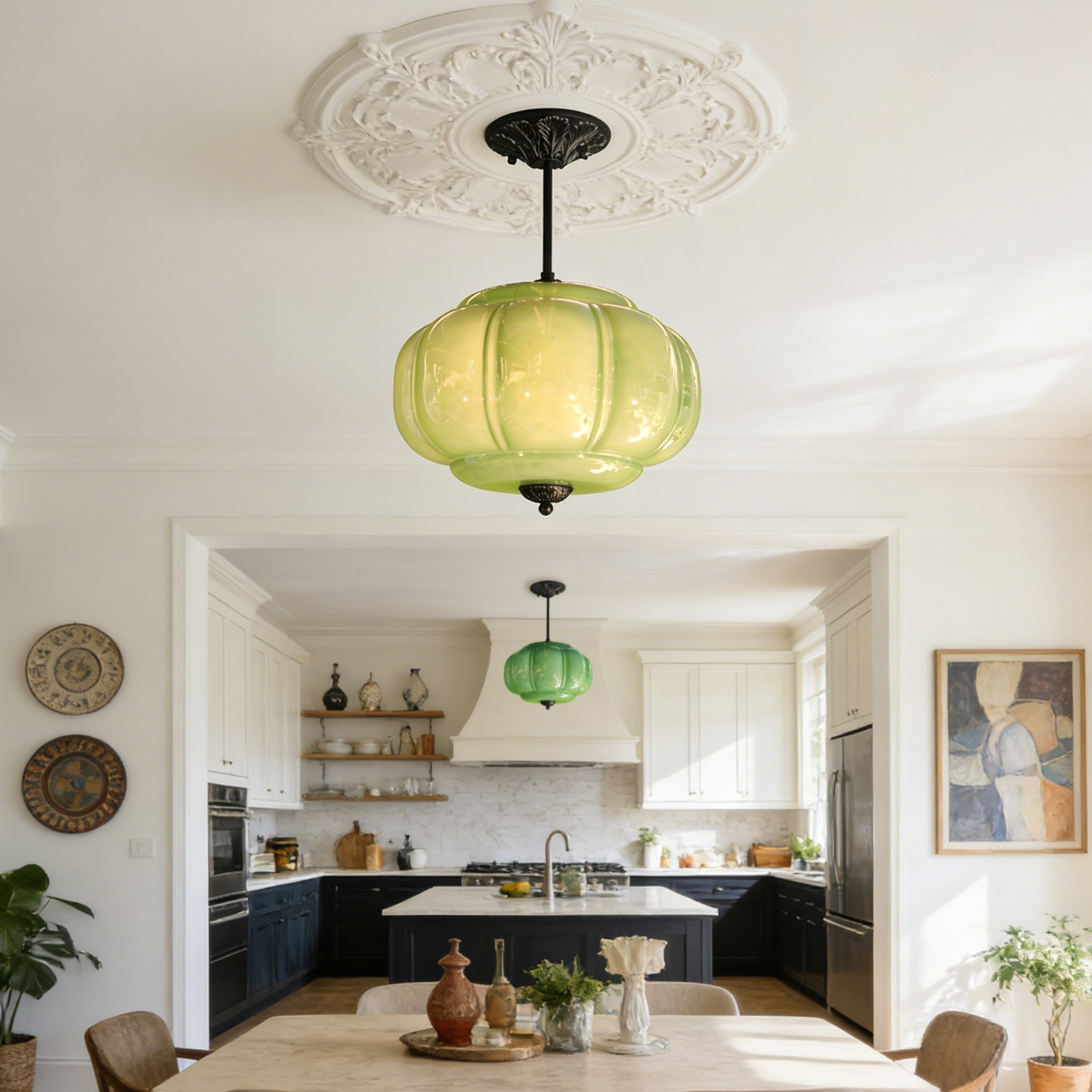 14’Simple Green Pumpkin Shaped Pendant Light,Living Room/dining Room Glass Light