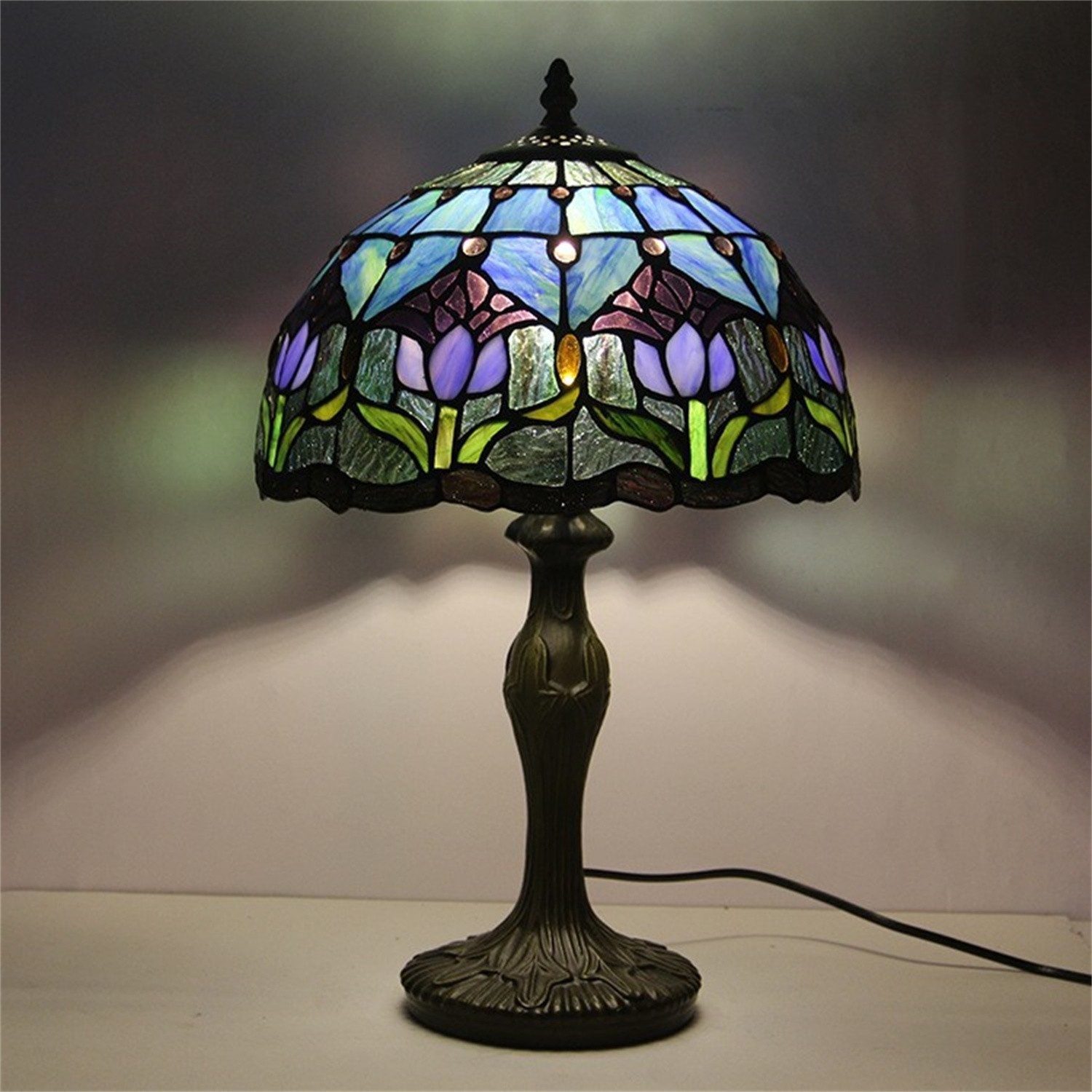 Blue Tulip Style Tiffany Table Lamp Stained Glass Desk Light for Home Decor 18″