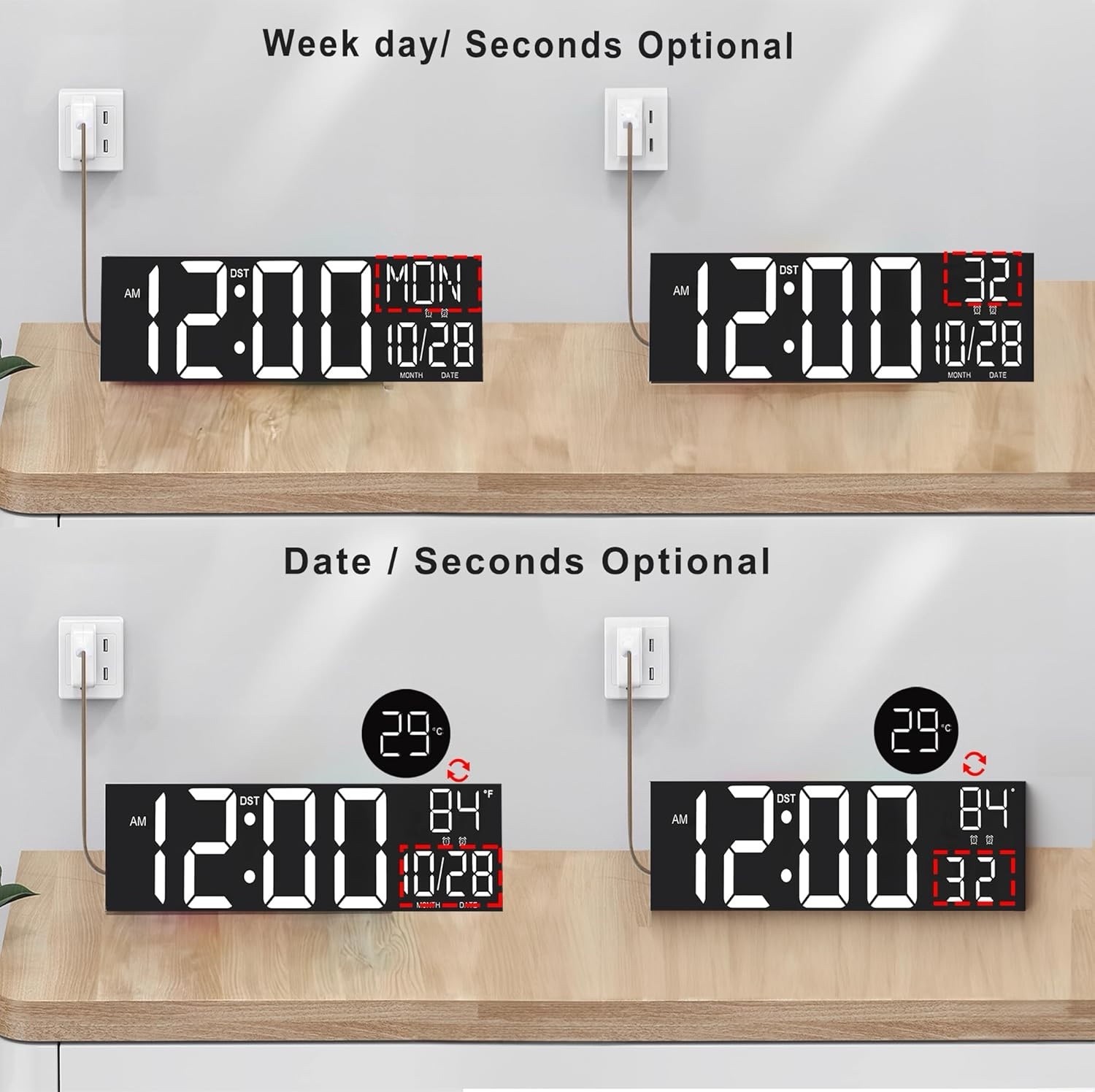 30″ Large Digital Wall Mount Clock with Remote Control, Alarm, Auto DST