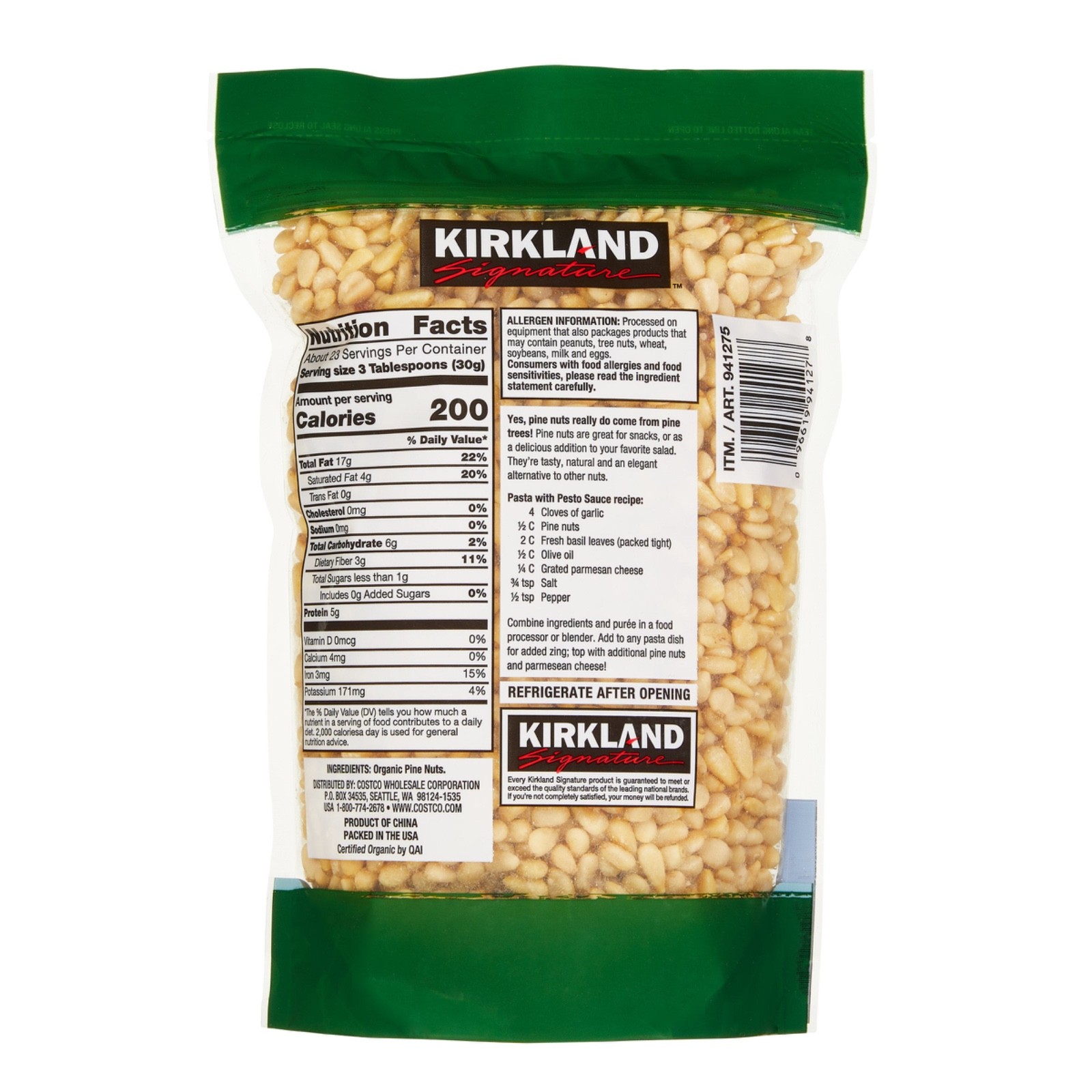 KIRKLAND ORGANIC PINE NUTS 24 OZ, 1.5 LB (680G), IDEAL FOR PASTA AND SALADS