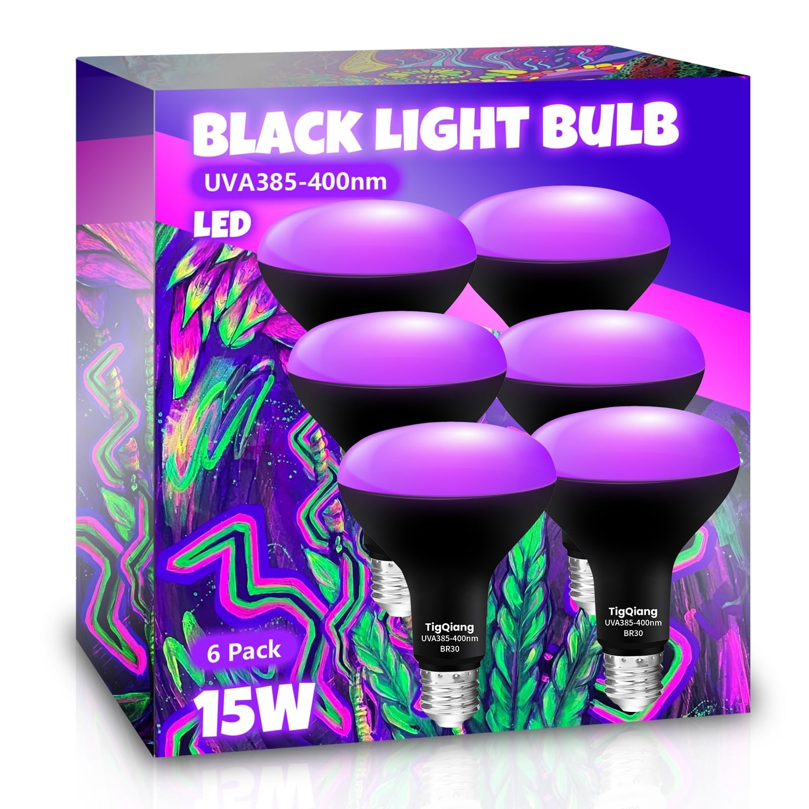 6 Pack Black Light Bulbs, 120W Equivalent E26 LED for Halloween Decor, Glow Part