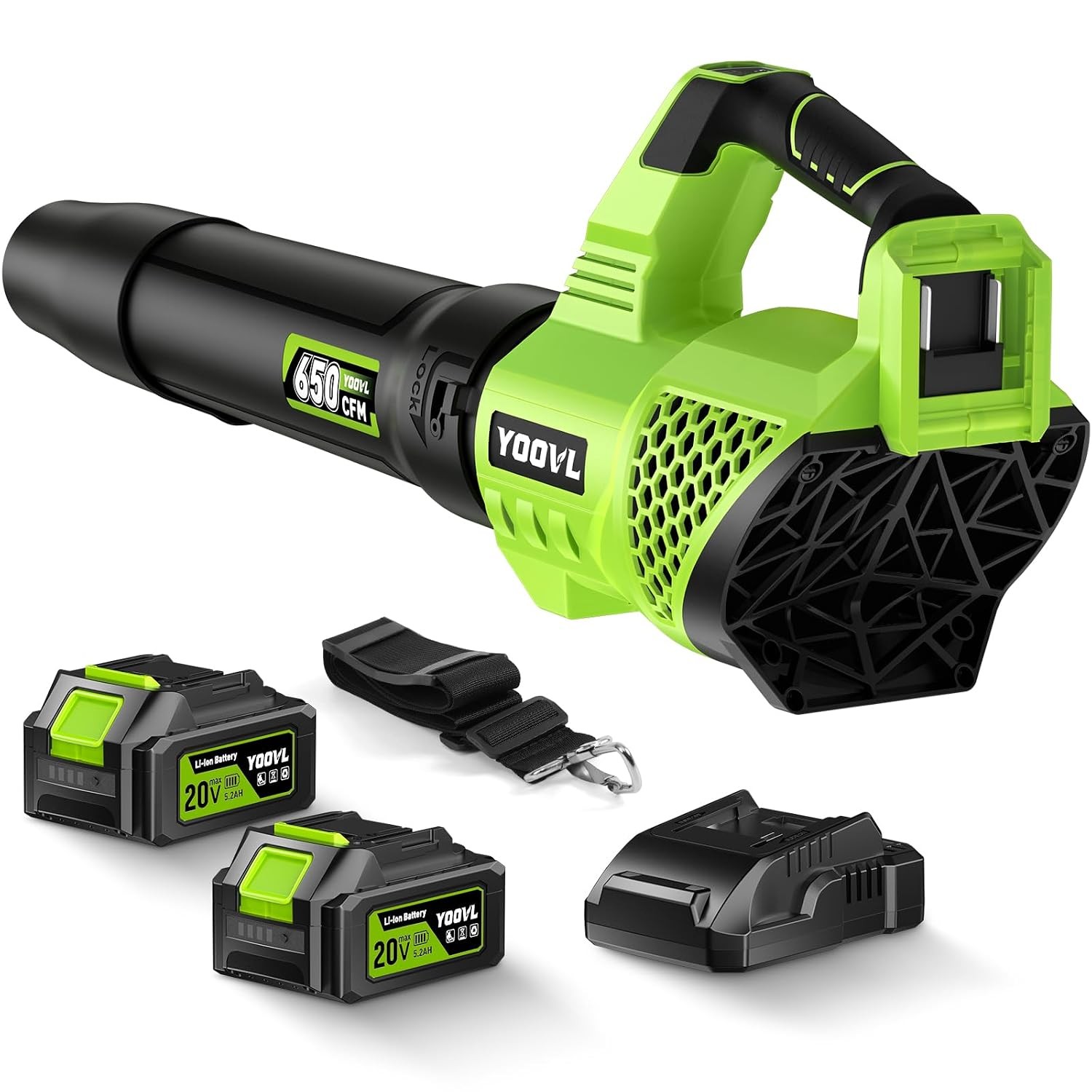 Cordless Electric Leaf Blower 650CFM 2 x 5.2Ah Batteries A Green Plastic