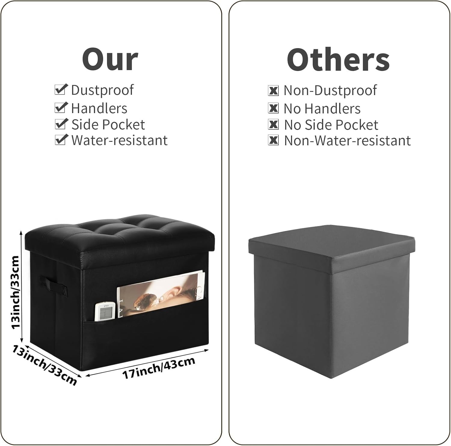 Multipurpose Storage Ottoman – Black Faux Leather, Comfortable & Easy to Clean