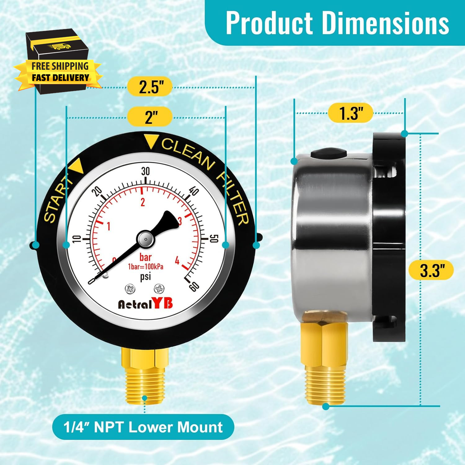 Pool Filter Pressure Gauge, 304 Stainless Steel, IP67 Waterproof, 0-60 Psi/Bar,