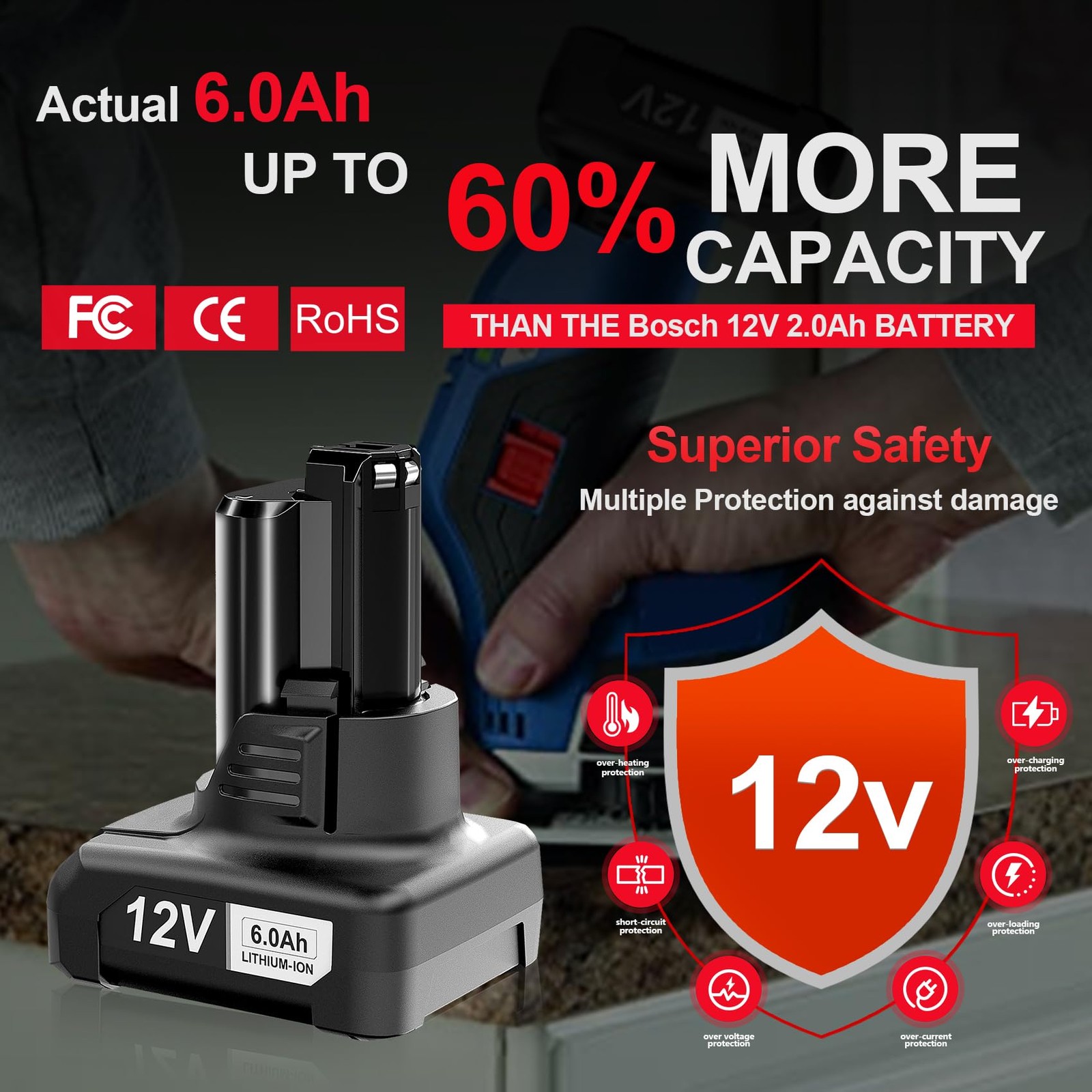 【High Capacity】6.0Ah Replacement GBA12V60 for Bosch 12v Batteries BAT414 GBA1…
