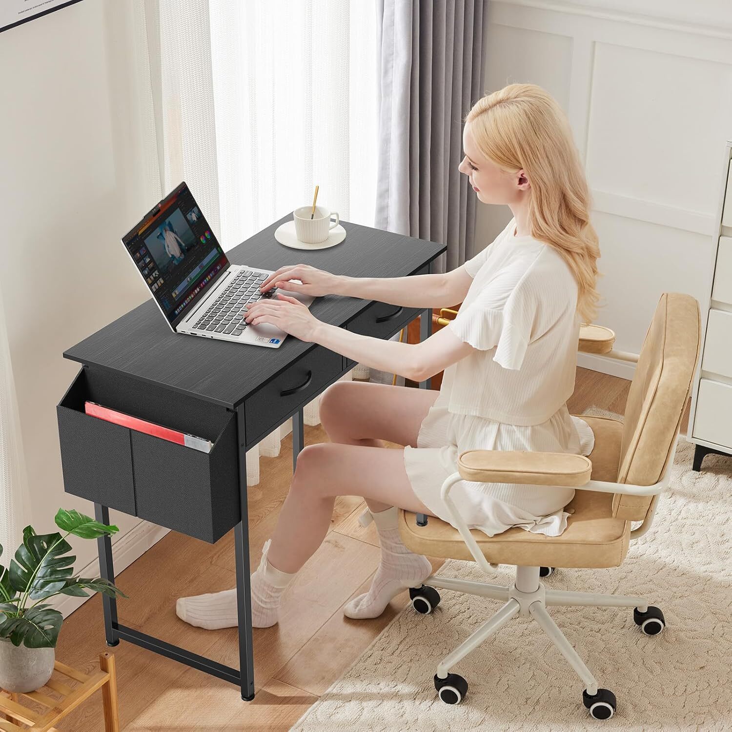 Small Computer Desk for Home Office, 32″ Working PC Table with 2 Fabric Drawers