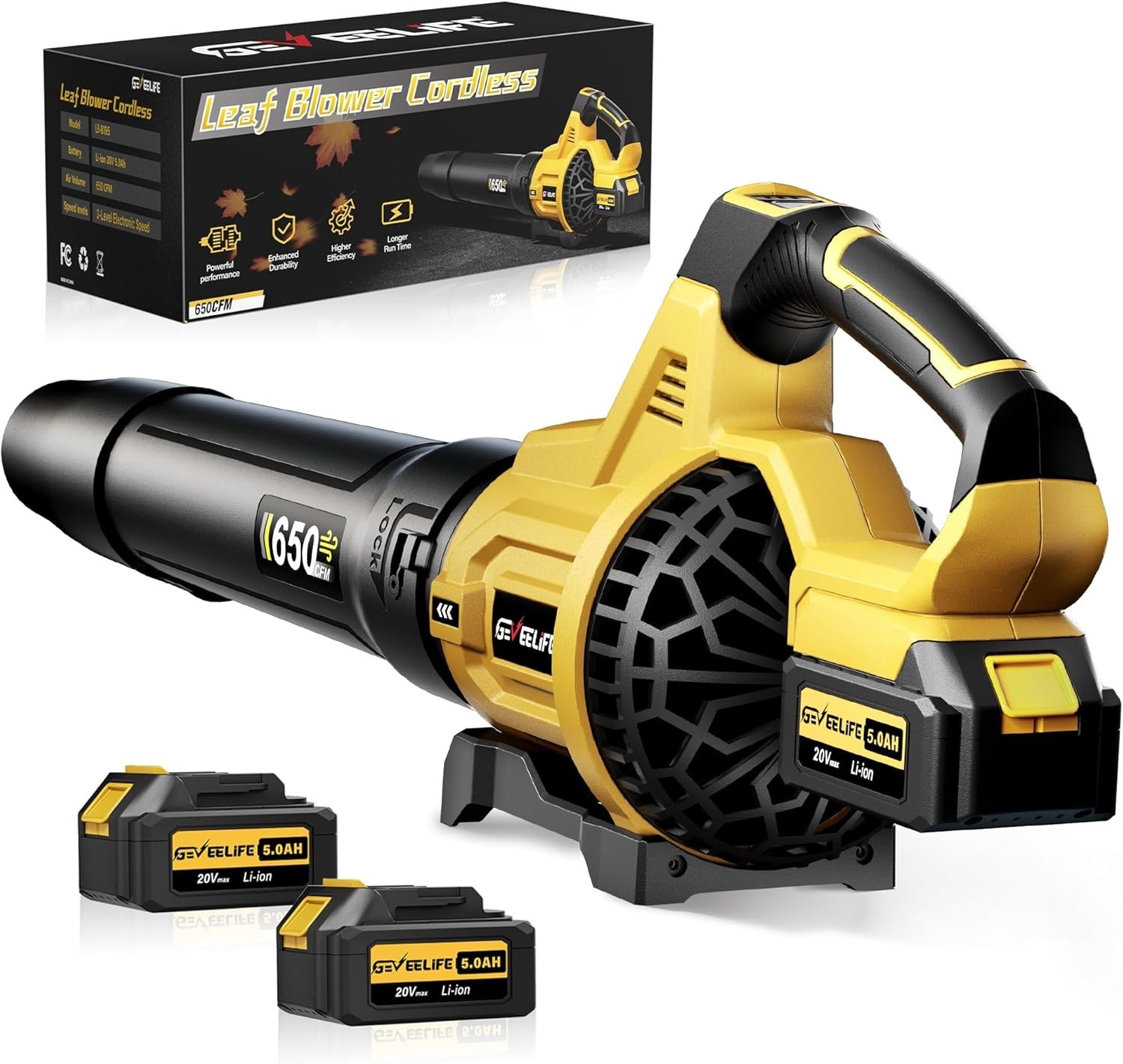 Cordless Leaf Blower 650CFM 3 Speed Levels 2 x 5.0Ah Battery Powered GEVEELIFE