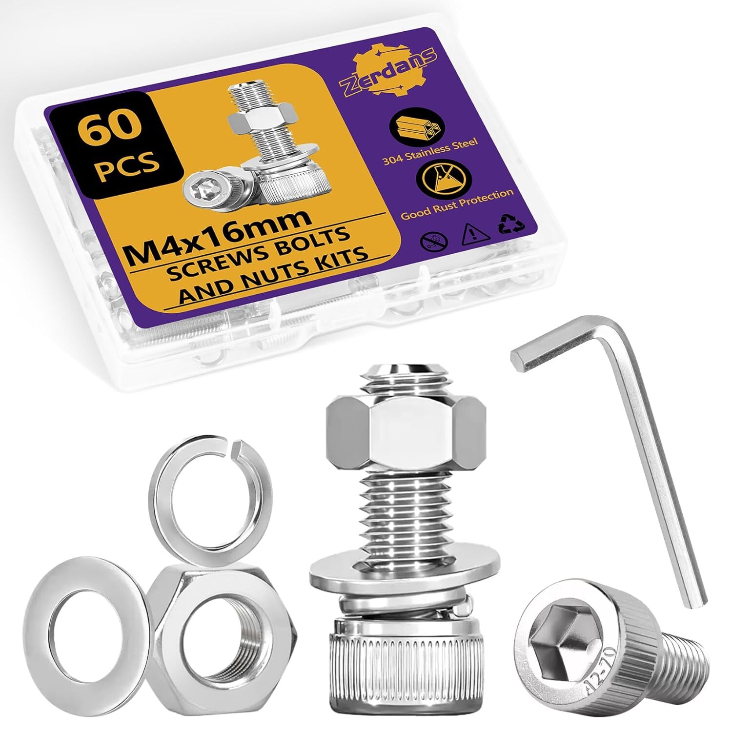 Hex Socket Head Cap Screws Bolts & Nuts Assortment Kit with Lock & Flat Washers