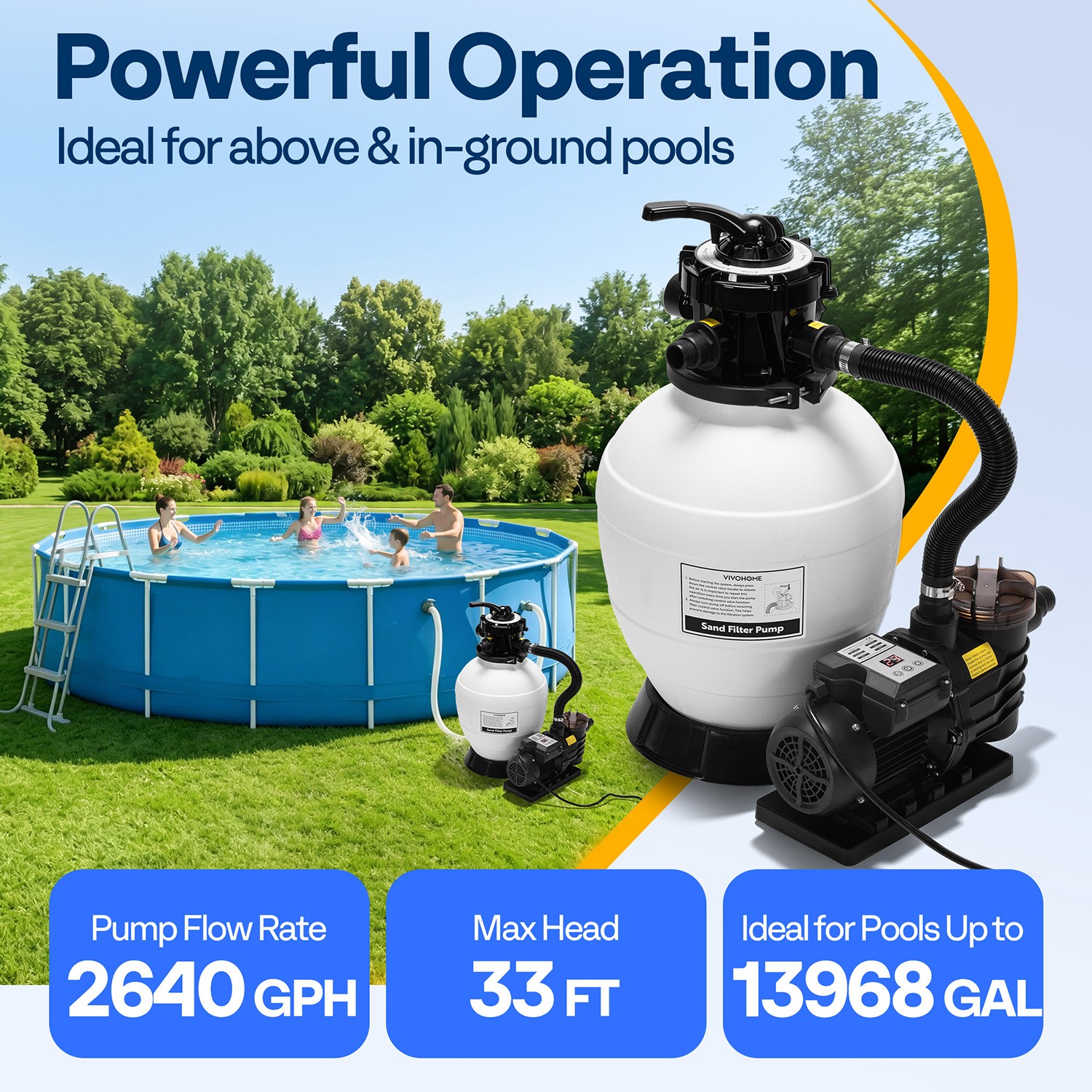 12/13in Sand Filter Pump In/Above Ground Pool System 7-Way w/ Timer 2087/2640GPH