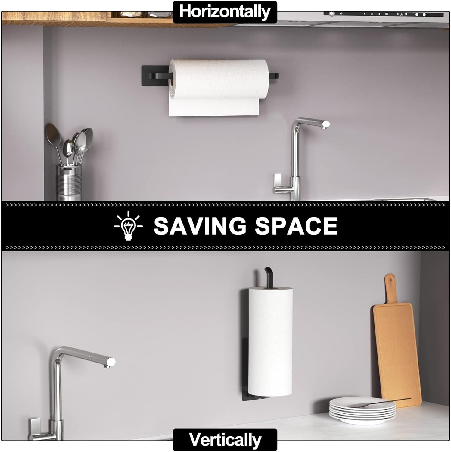 Paper Towel Holder – Self-Adhesive or Drilling, Matte Black, Upgraded Aluminum K