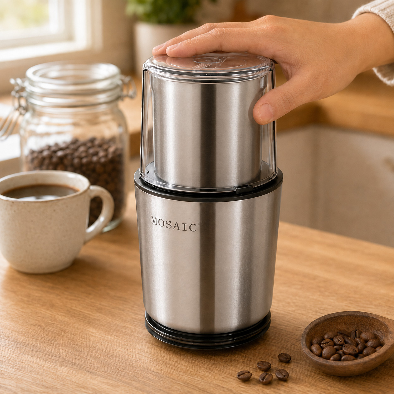 MOSAIC Electric Coffee & Spice Grinder 300W 2 Removable Cups Stainless Steel