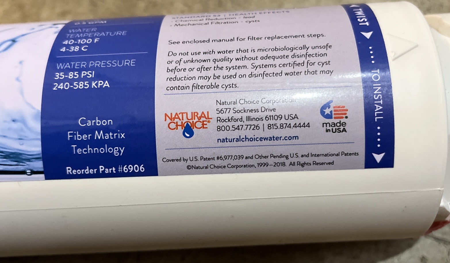 Water filter Natural Choice FiberTek Filter – 6906 removes Chlorine, Taste, odor