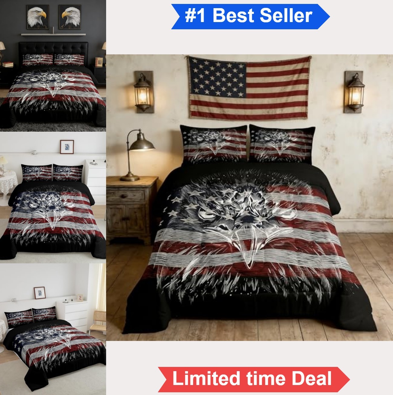 American Flag Comforter Set Queen Eagle Stars Stripes USA Bedding 2 Pillowcases