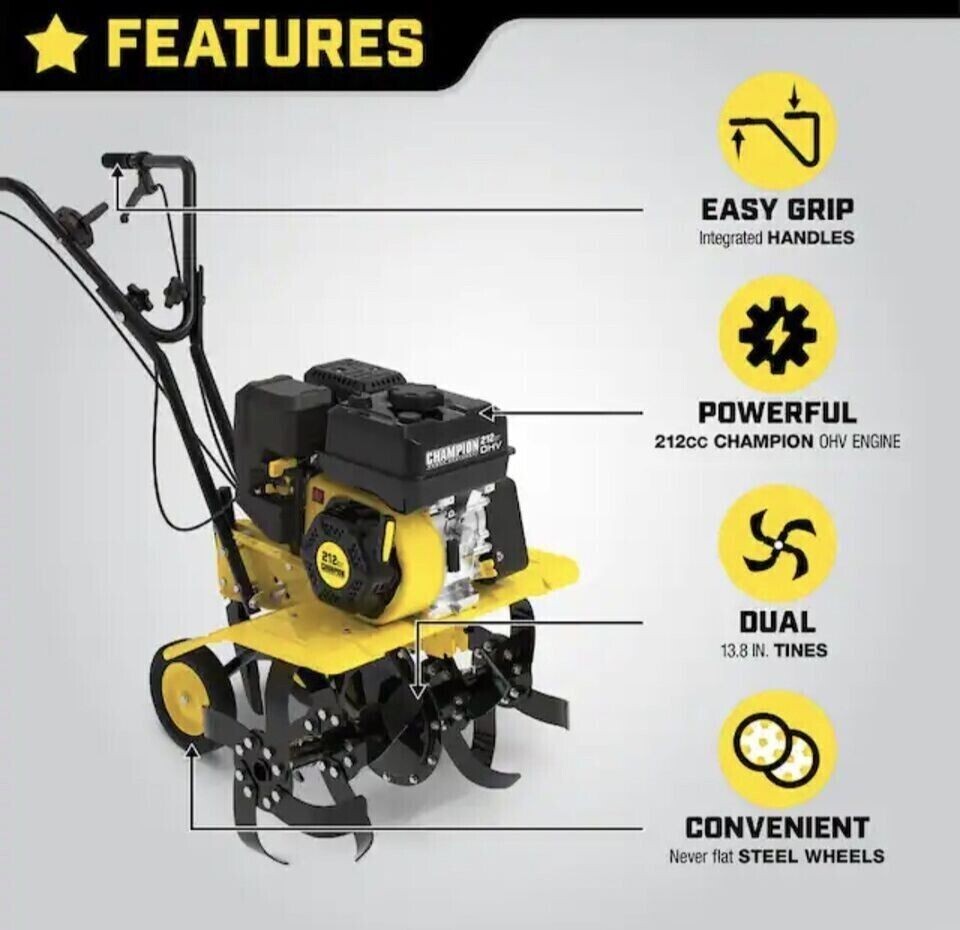 Champion 22 In. 212cc 4 Stroke Gas Dual Rotating Front Tine Tiller Fwd & Reverse