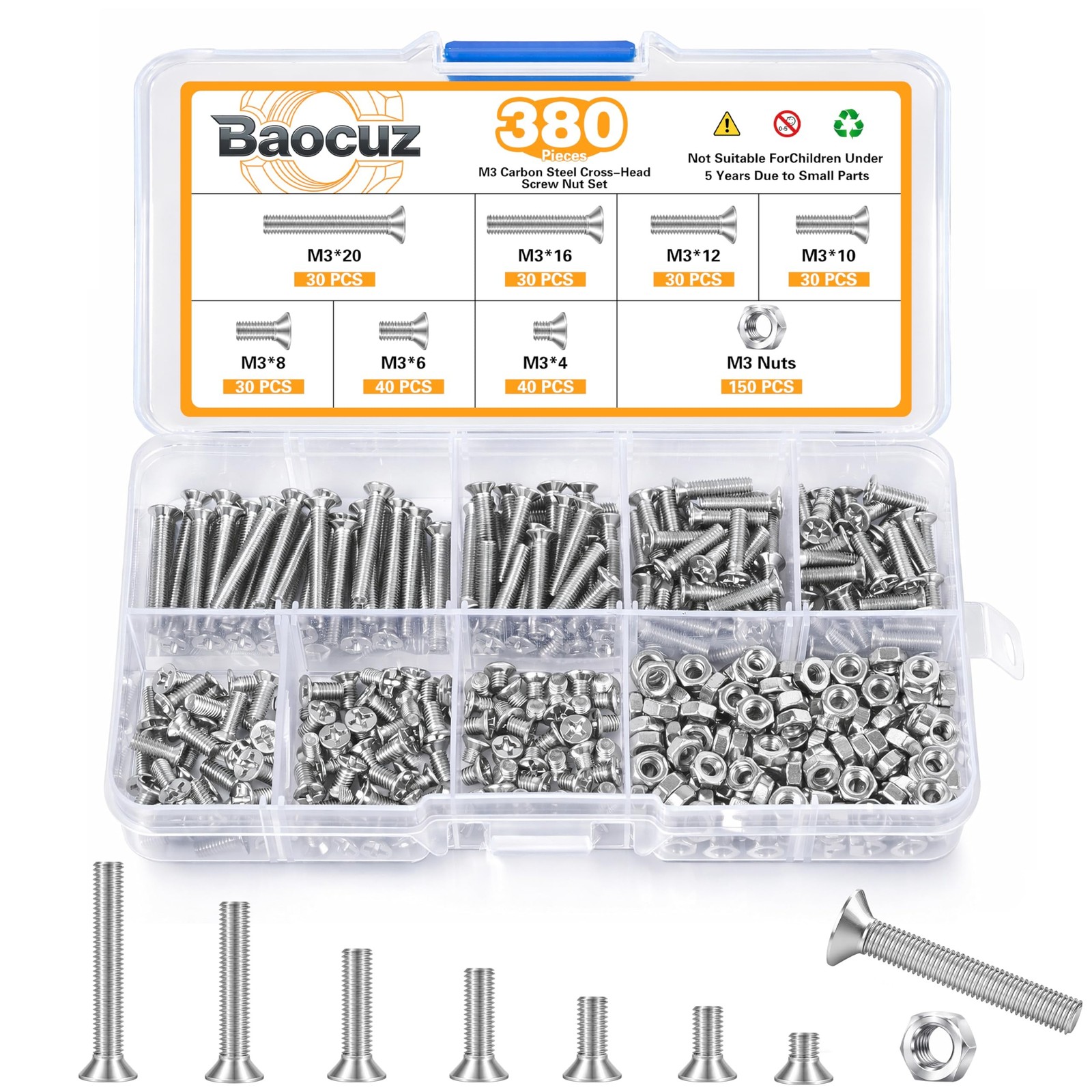 380 Pcs M3 Silver Flat Head Machine Screws and Hex Nuts Kit Carbon Steel Coun…