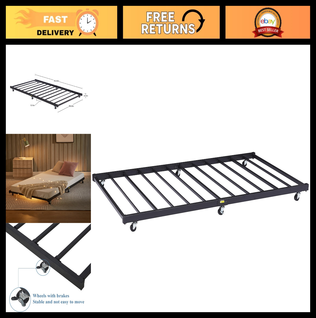 Twin Trundle Bed Frame with Roll-Out Feature, Metal Slats & Lockable Casters, Bl