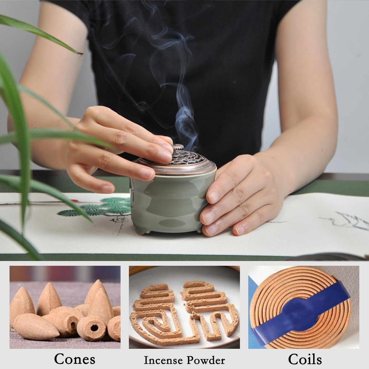 Incense Burner Ceramic Green Cone Coil Powder Holder Lid Ash Catcher 3.12in