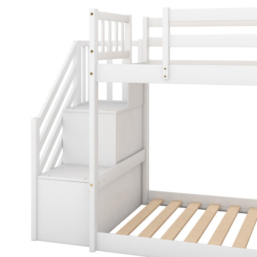 Stairway Wooden Bunk Bed w/ Slide Low Floor Bed for Kids Teens Adults,White/Gray