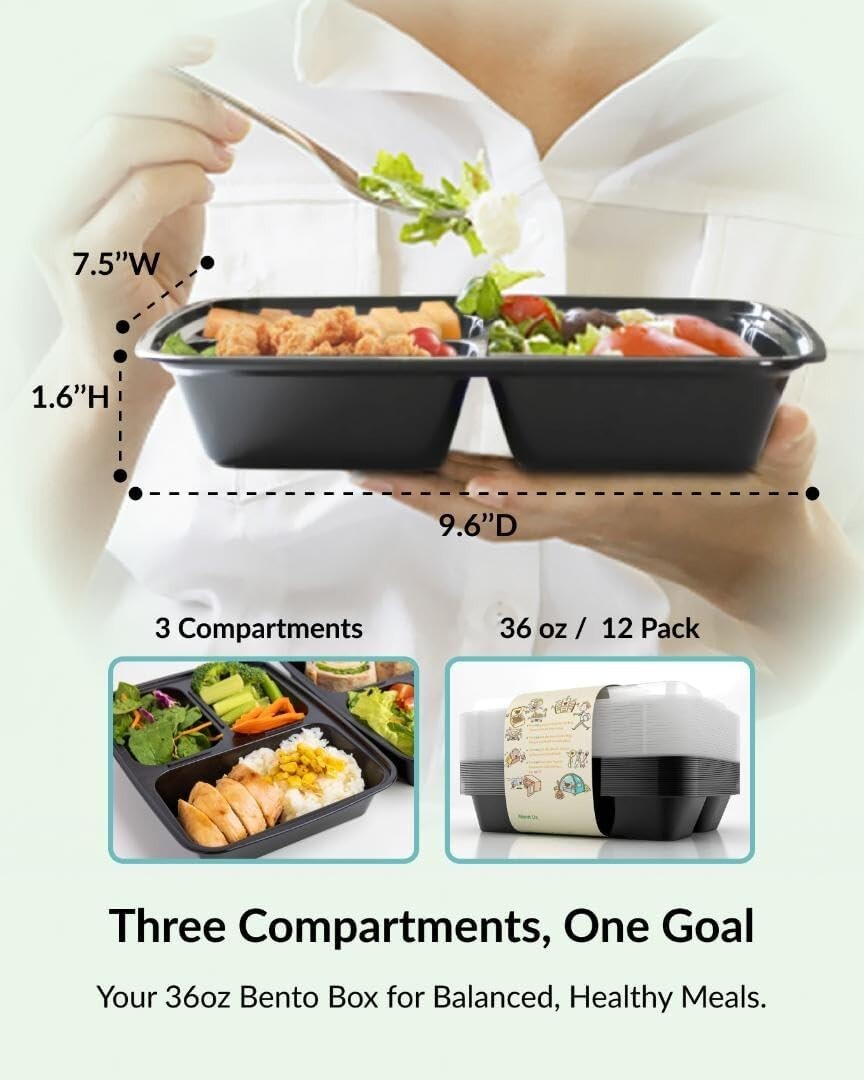 Enther Meal Prep Reusable Containers 36oz, 3 Compartment with Lids, [12 Pack]