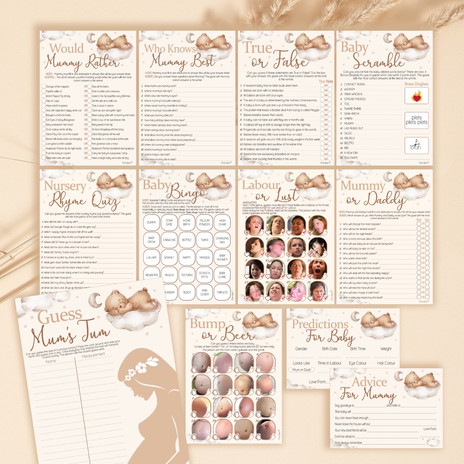 Baby Shower Game – Teddy, Prediction Cards, Unisex, Bear, Brown, Cream, Neutral