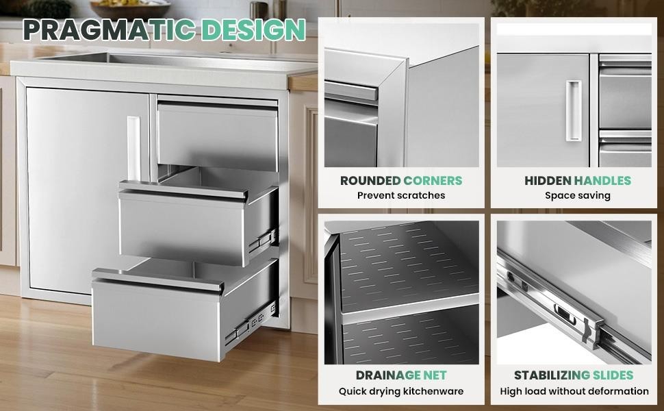 Outdoor Kitchen Door Drawer Combo 28″x22″ BBQ Triple Drawers & Access Cabinet