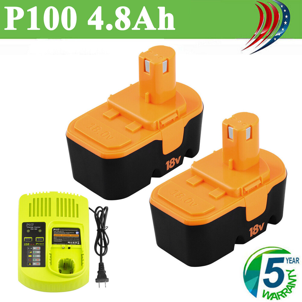 1-2Pack for Ryobi Battery/Charger Replace 18V PLUS 4.8Ah NIMH P100 P117 ABP1801