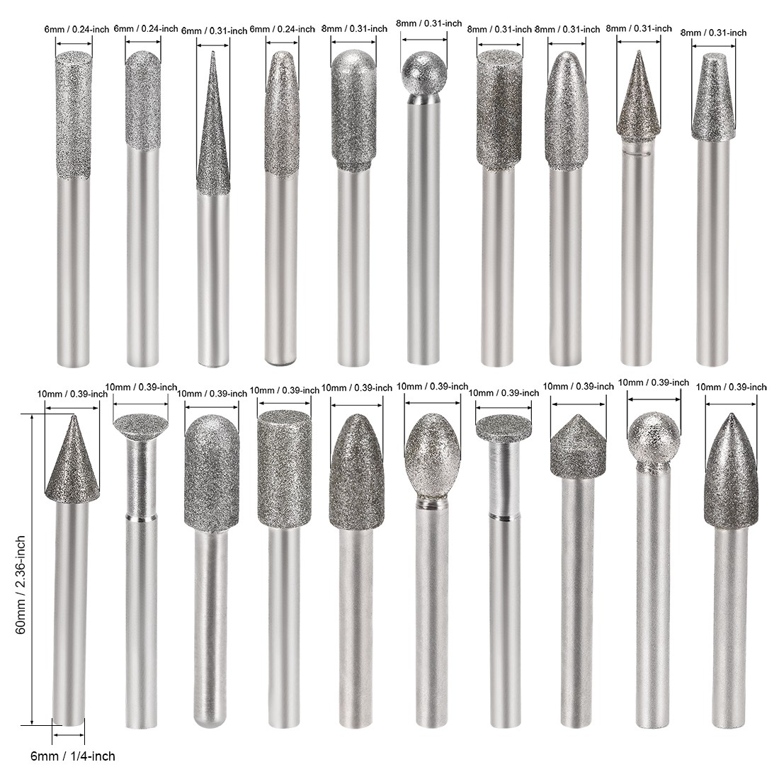 20PCS Diamond Burrs Set for Rotary Tool 1/4-Inch Shank 6mm 8mm 10mm 150 Grit