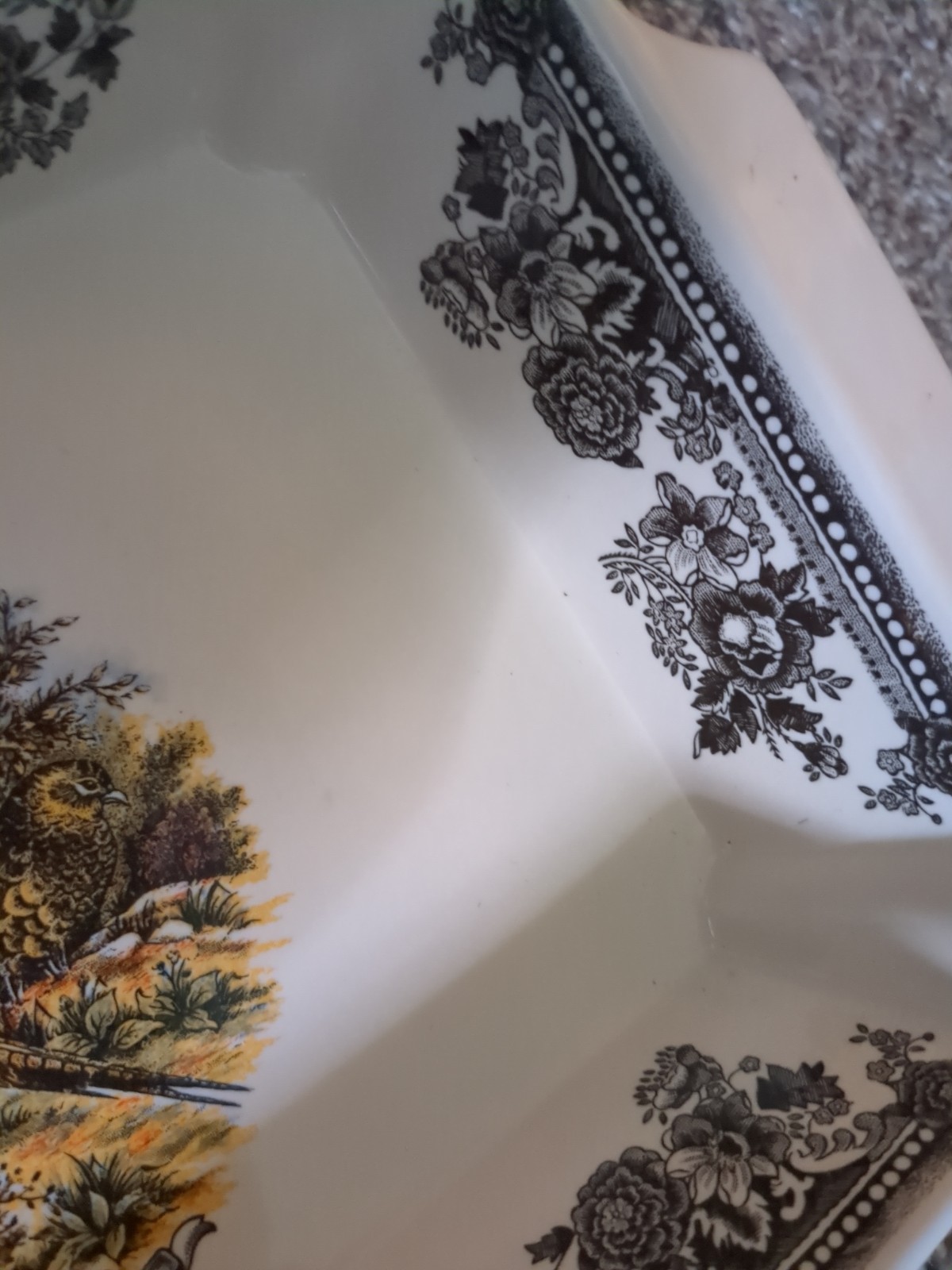 Churchill Vintage Game Pheasant Rectangular Porcelain Baking Dish Black Floral