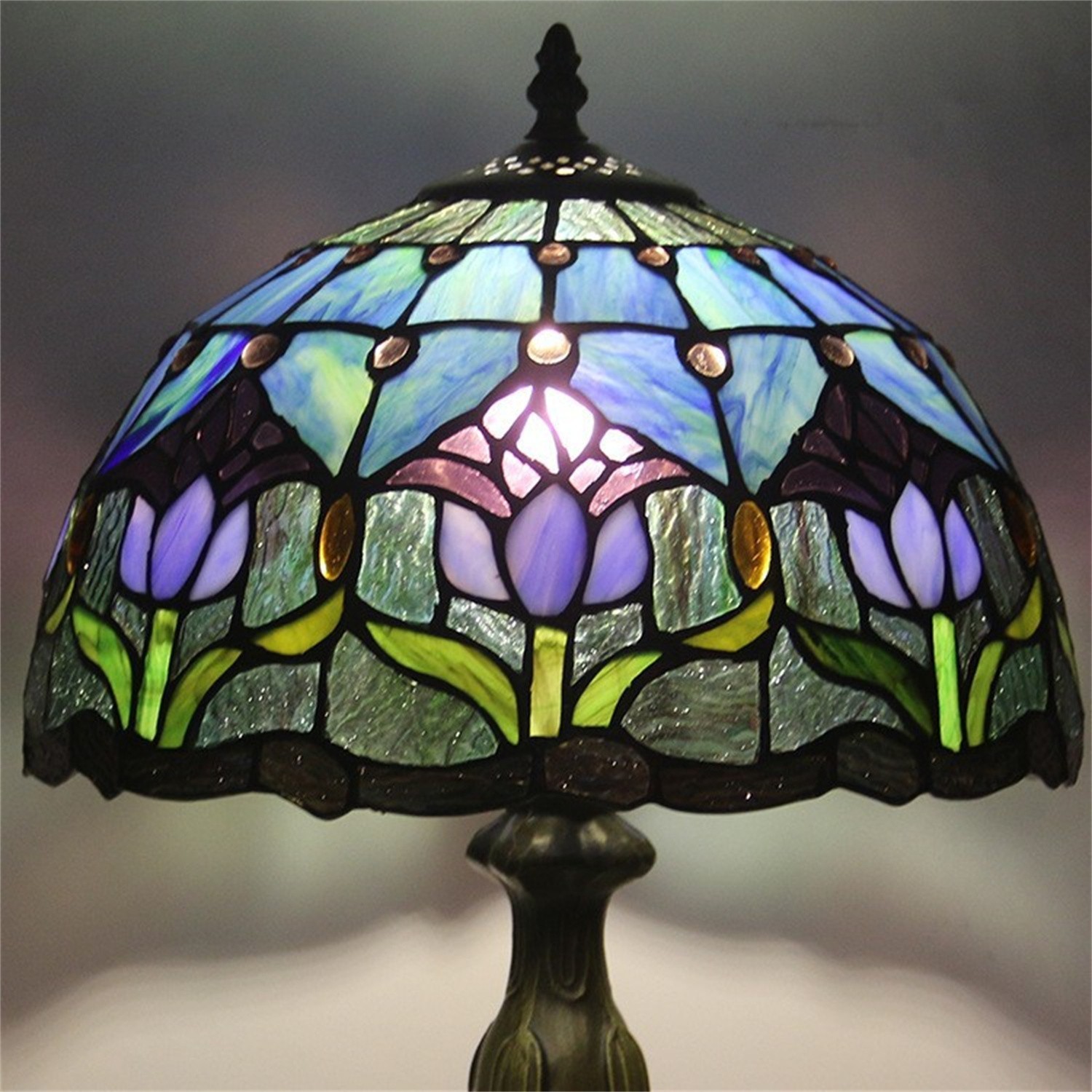 Blue Tulip Style Tiffany Table Lamp Stained Glass Desk Light for Home Decor 18″