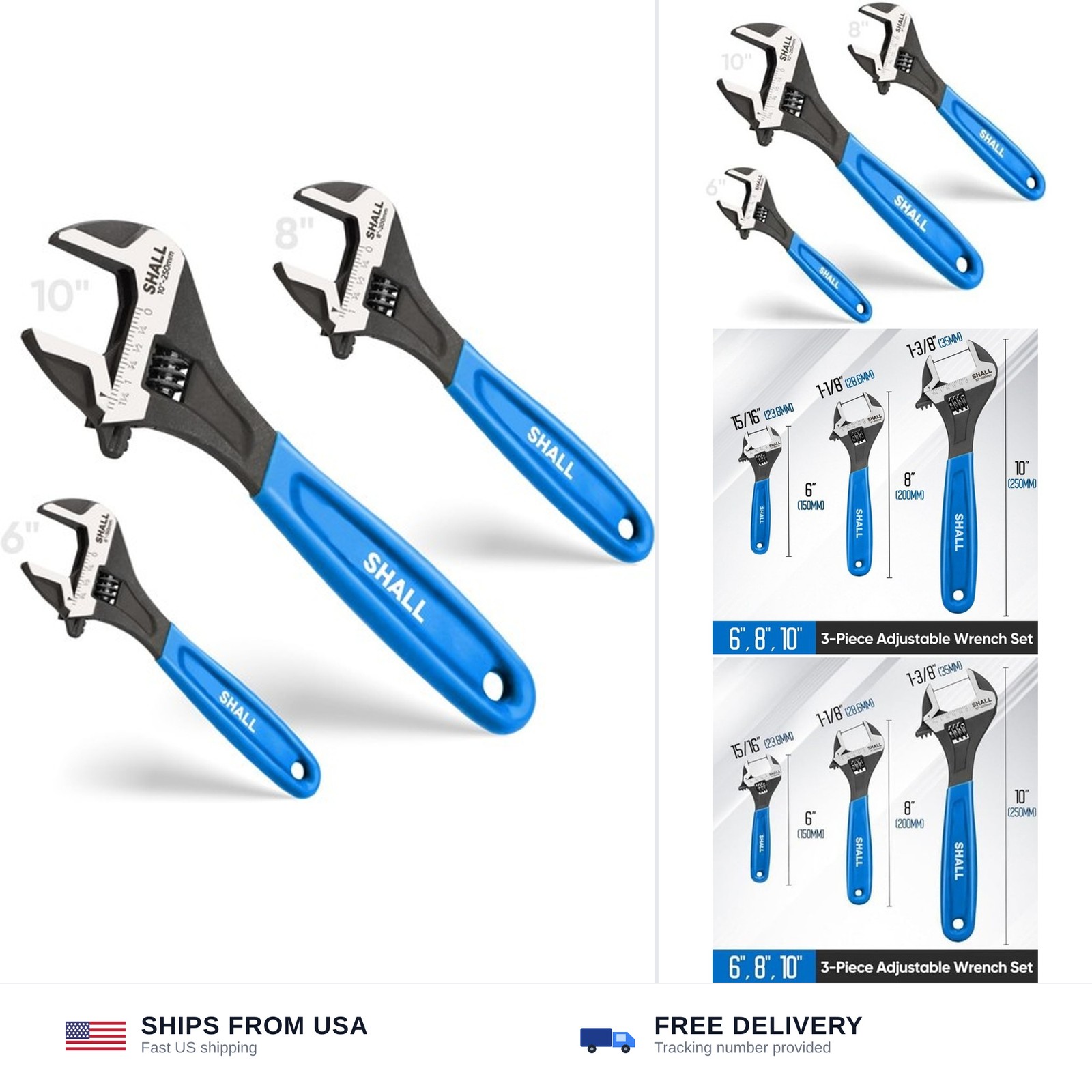 SHALL 3-Piece Adjustable Wrench Set, 10/8/6 Inch Cr-V Steel Wrench with Cushi…